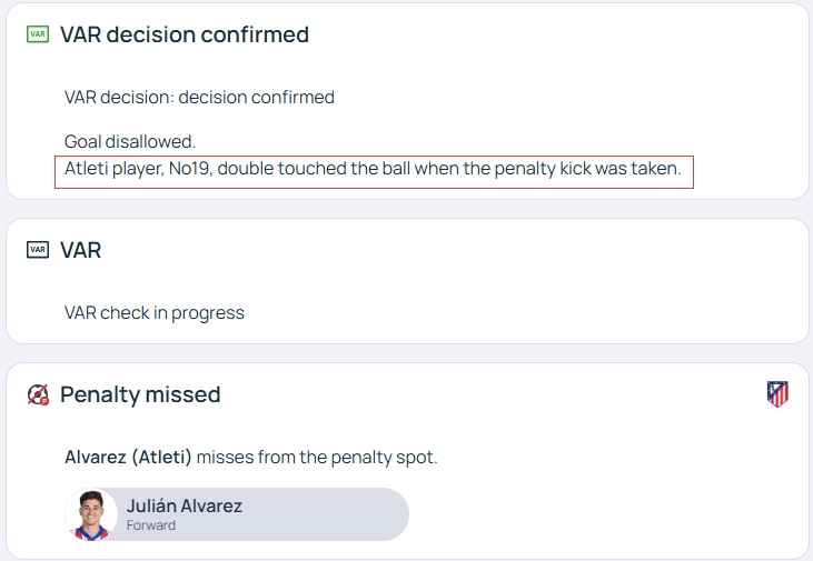 官方明確！歐冠官網(wǎng)：阿爾瓦雷斯罰點時2次觸球，VAR決定進(jìn)球無效