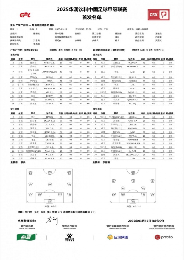 廣州豹vs延邊龍鼎首發(fā)：卡洛斯、羅薩、尼康三外援領(lǐng)銜廣州豹